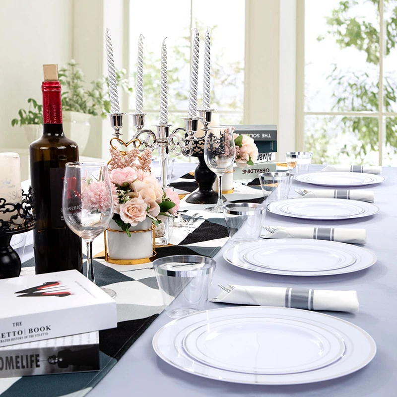 50-175Pcs Disposable Tableware Set Wedding/Party Disposable Plates 100% Food-grade Plastic Silverware Cup Dinner Napkin Combo - Image 4