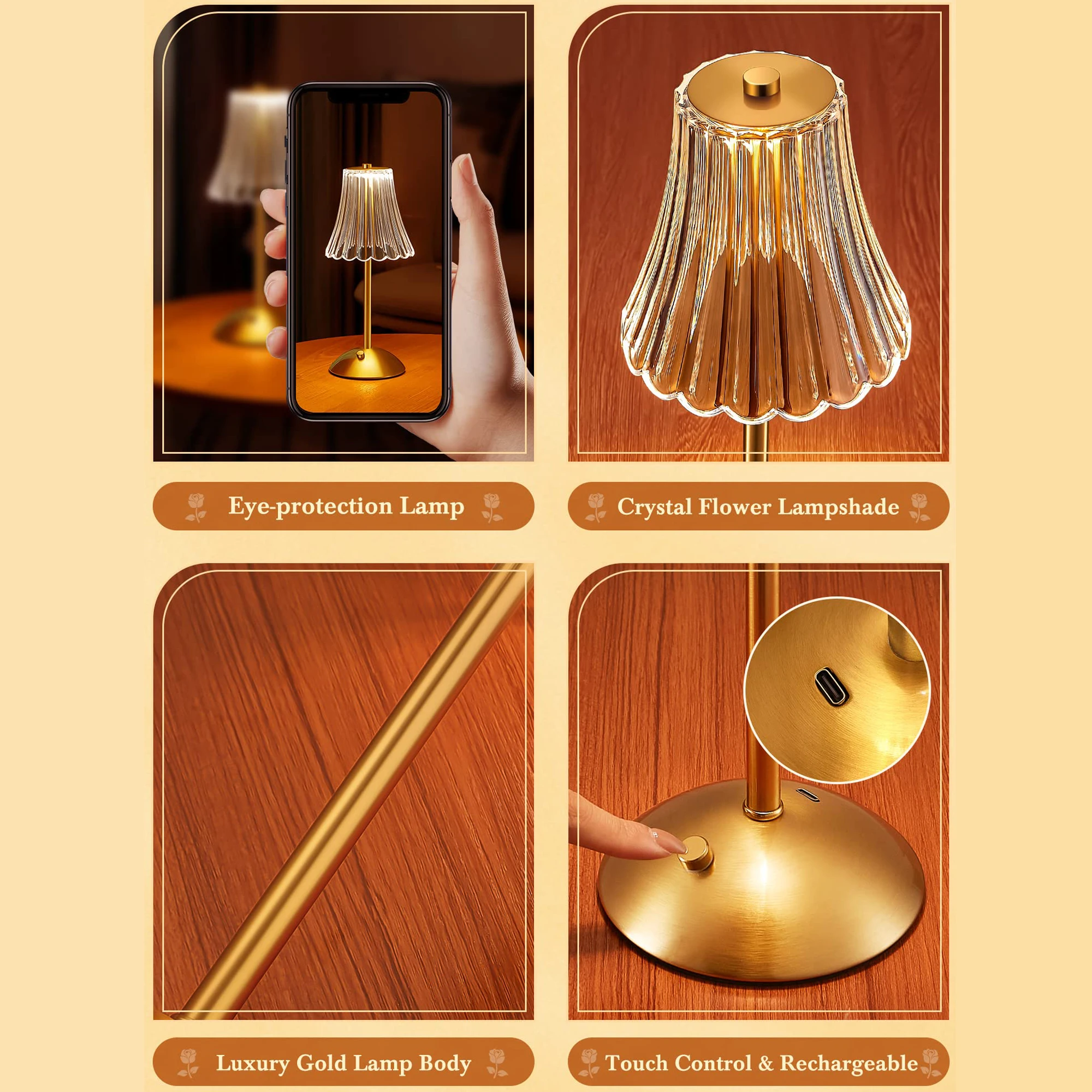 4/2/1Pcs LED Rechargeable Table Lamps Restaurant Decor Light Touch Dimming Desk Lamp Portable Cordless Night Light Bedside Lamp - Image 6