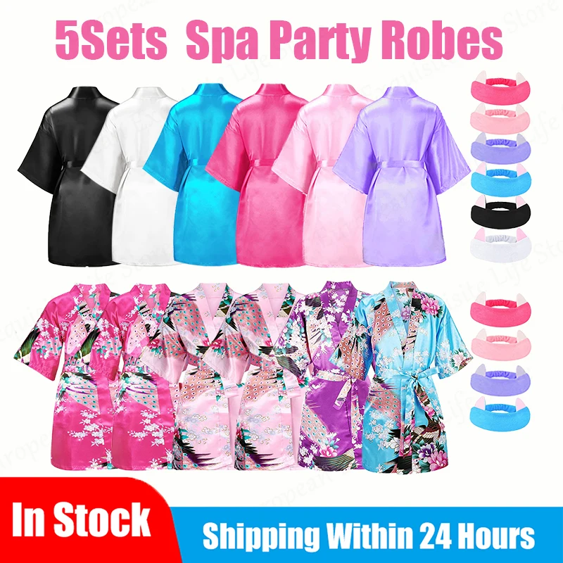 5Sets Spa Party Robes Girl's Birthday Squad Robes Silk Satin Kimono Robes DIY Bathrobe with Headband for Birthday/Party Supplies
