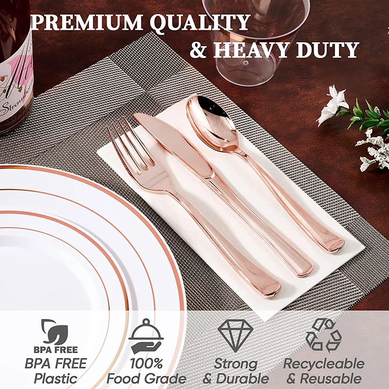 50-175Pcs Disposable Tableware Set Wedding/Party Disposable Plates 100% Food-grade Plastic Silverware Cup Dinner Napkin Combo - Image 6