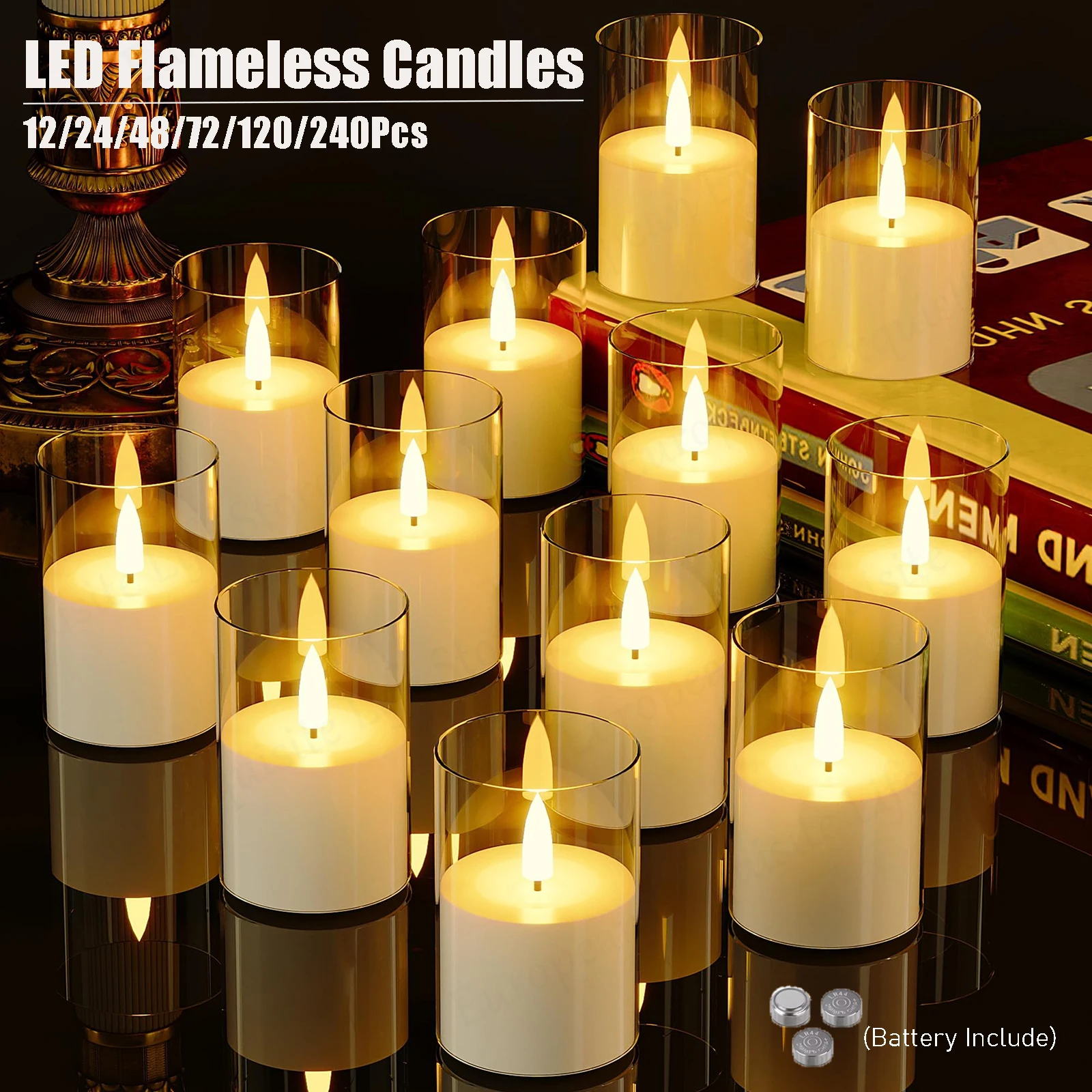 12-240Pcs LED Flameless Candles Bulk with Battery 3D Flickering Pillar Candles 2"X4" Wedding/Christmas Decoration Candles