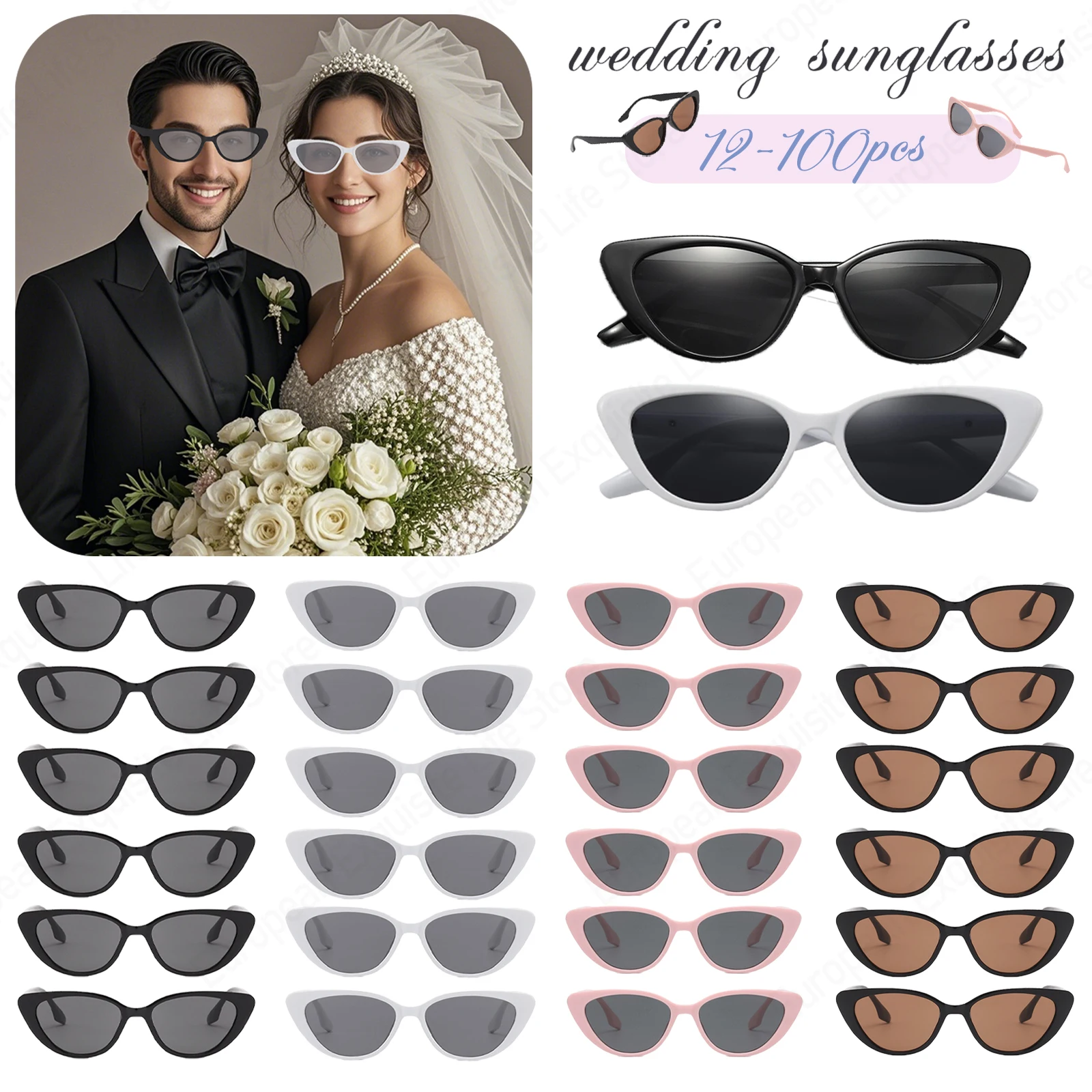 12-100Pcs Cat Eye Sunglasses Bulk Wedding Sunglasses for Guests Retro Premium Sunglasses Bachelorette Party Gift Supplies