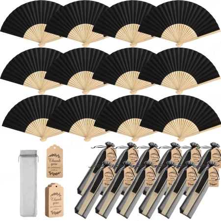 12-200Pcs Black Folded Hand Fans Wedding Gifts for Guests Bridal Dancing Props Church Wedding Gift Party Favors with Gift Bags