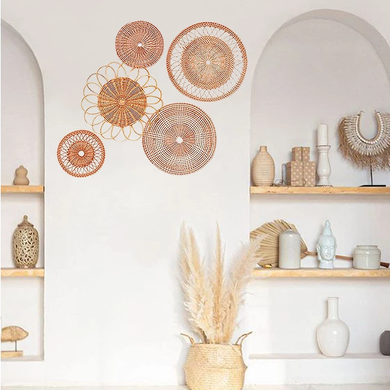 Woven Wall Basket Decor Set of 5 Hanging Rattan Wicker Wall Decoration 100% Handmade Boho Wall Baskets for Living Room/Bedroom - Image 2