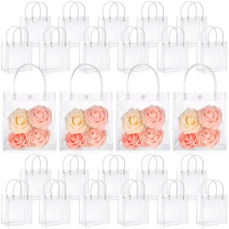 12-100Pcs Wedding Clear Gift Bags with Handle Reusable PVC Favor Bag Transparent Gift Wrap Tote Bag Shopping Bags Retail Bags