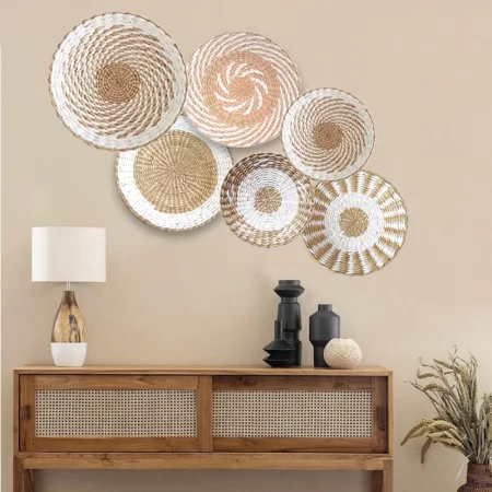 Boho Seagrass Hanging Wall Basket Decor Set of 5 Handmade Woven Round Plate Wall Decoration Craft Home Art Wall Hanging Ornament