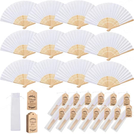 12-200Sets White Hand Fans Wedding Gifts for Guests Bamboo Foldable Paper Fan Elegant Wedding Party Favors Wedding Dancing Props