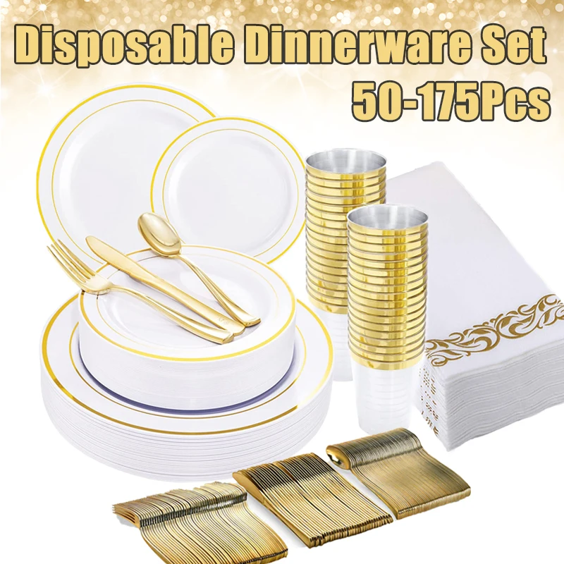 50-175Pcs Disposable Tableware Set Wedding/Party Disposable Plates 100% Food-grade Plastic Silverware Cup Dinner Napkin Combo
